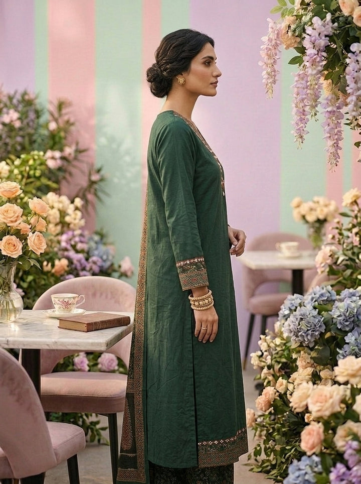 Neerus Green cotton printed suit set - side view