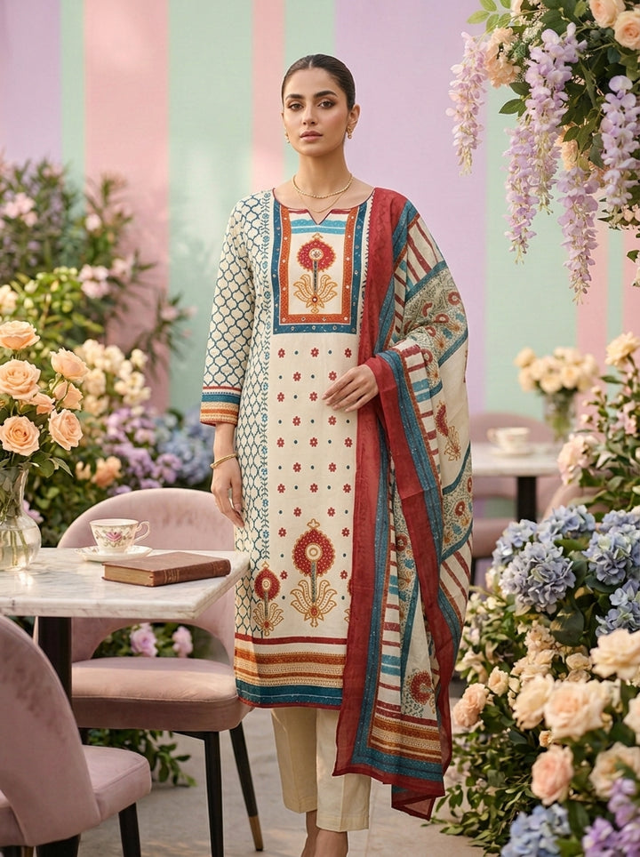 Neerus Green cotton printed kurta set - front view