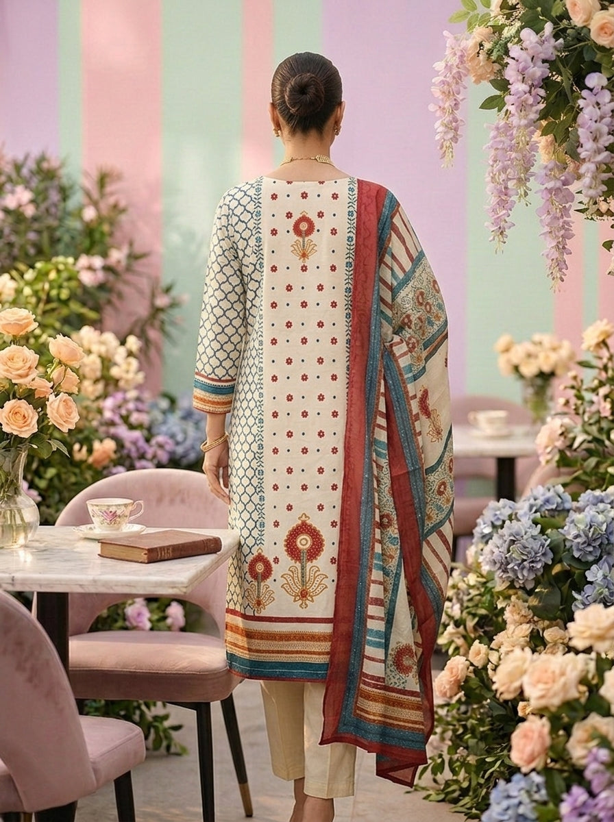 Neerus Green cotton printed kurta set - back view