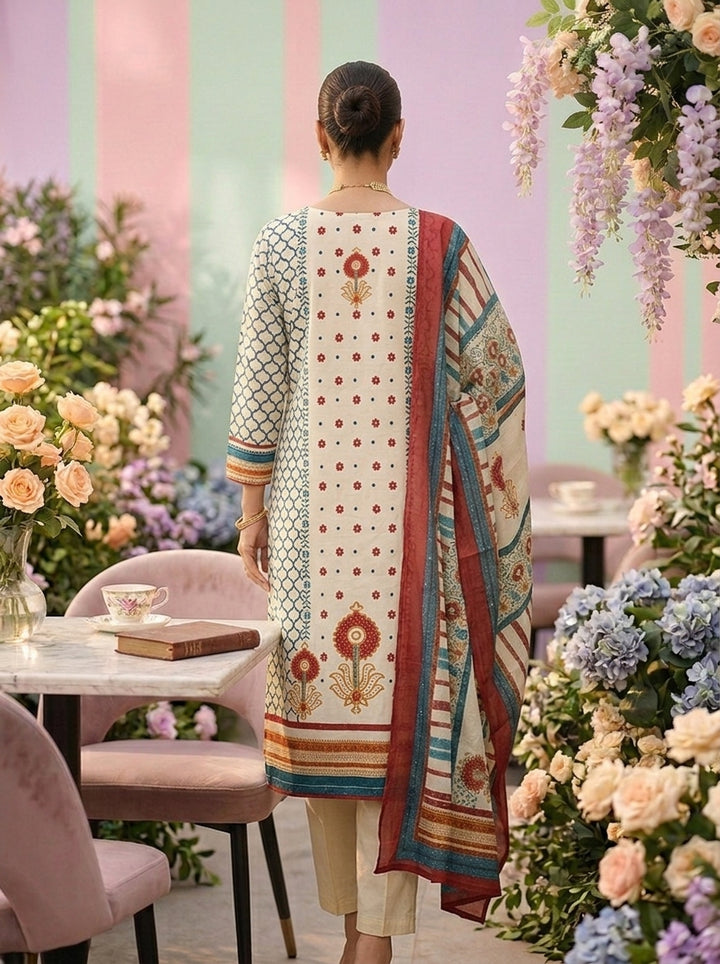 Neerus Green cotton printed kurta set - back view