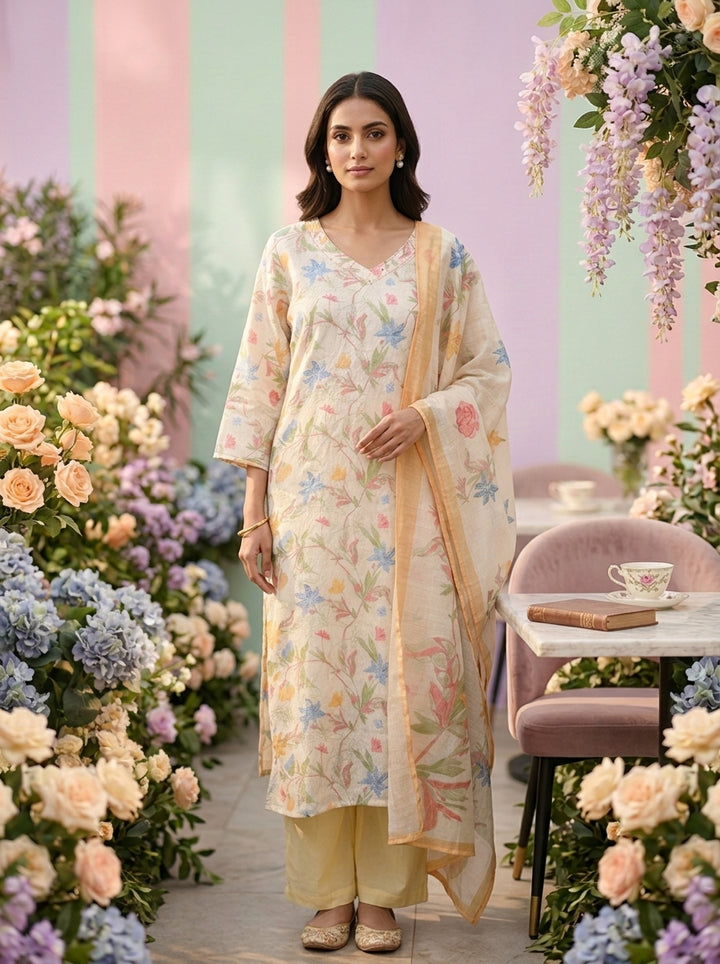 Neerus Yellow linen printed suit set - front view
