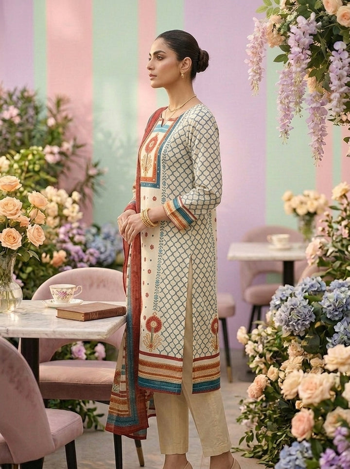 Neerus Green cotton printed kurta set - side view