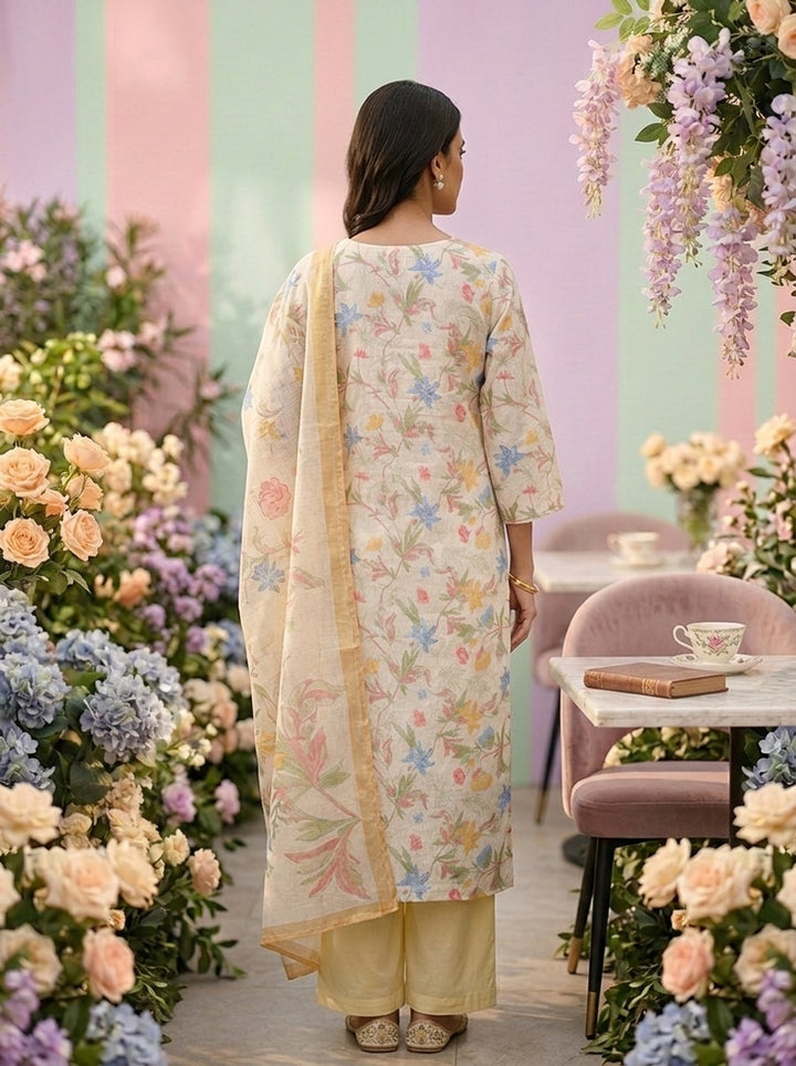 Neerus Yellow linen printed suit set - back view