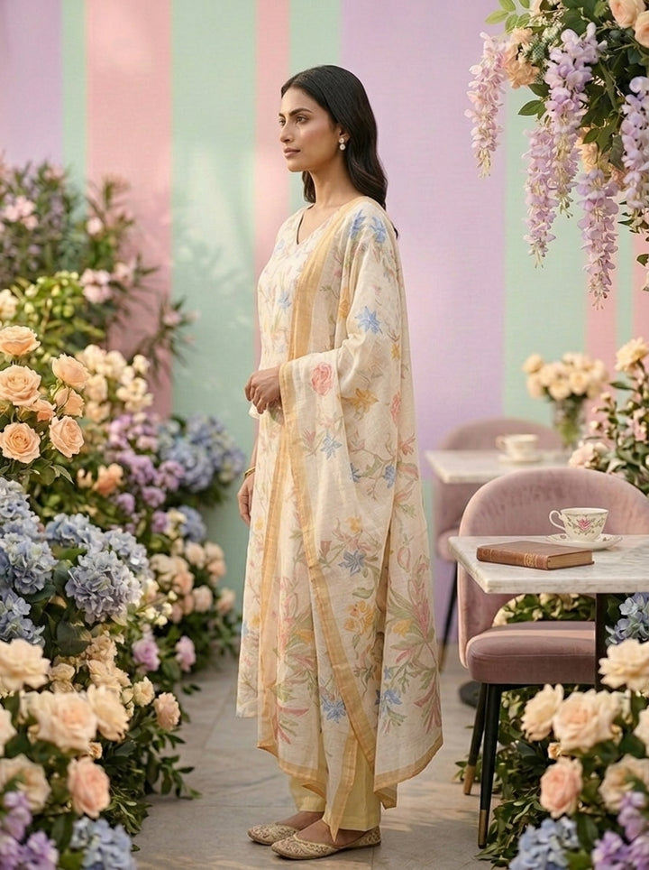 Neerus Yellow linen printed suit set - side view
