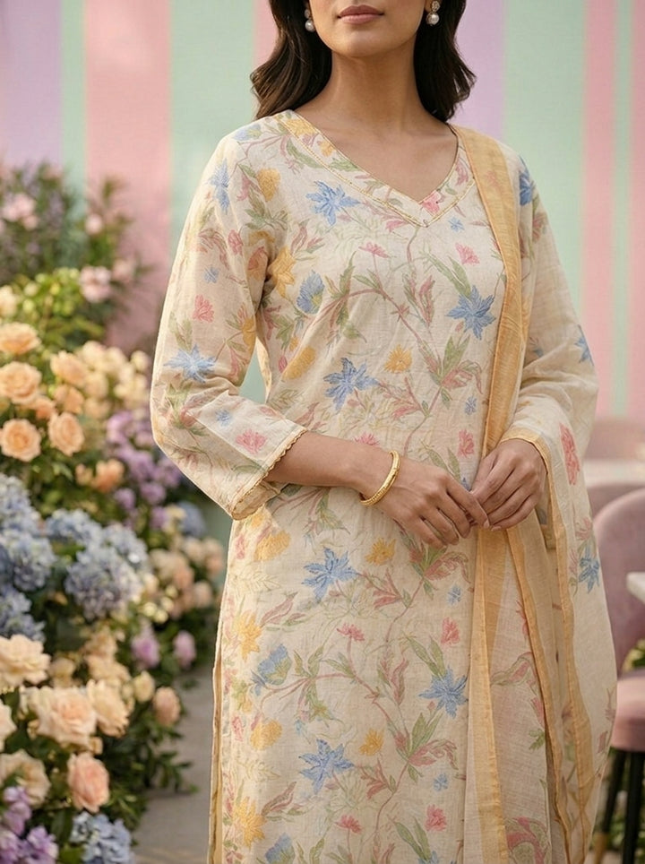 Neerus Yellow linen printed suit set - detail view 1