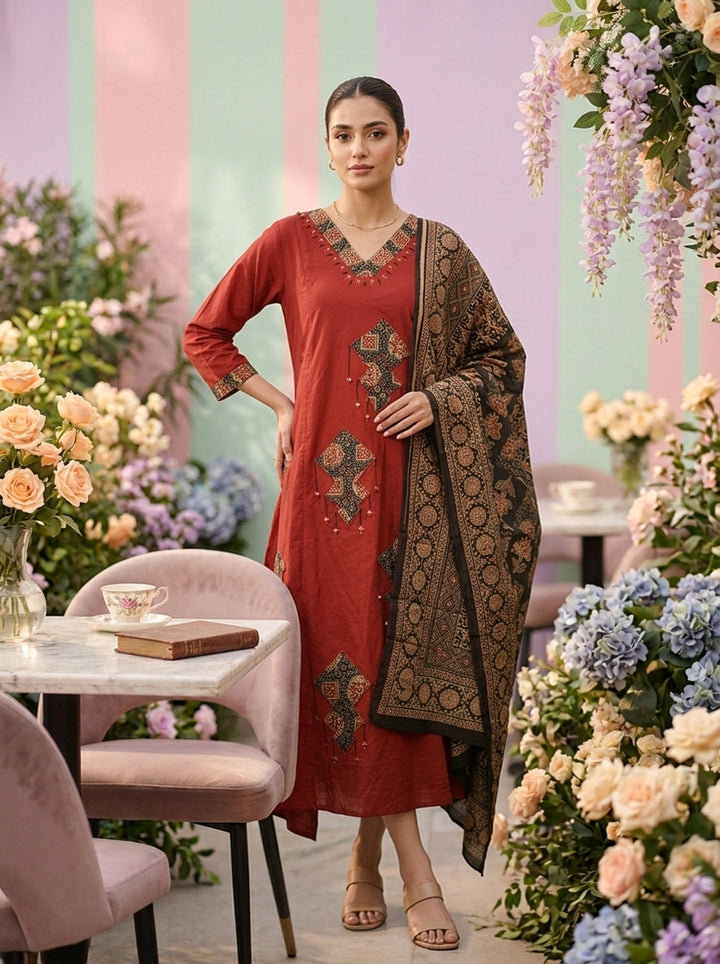 Neerus Maroon cotton printed suit set - front view