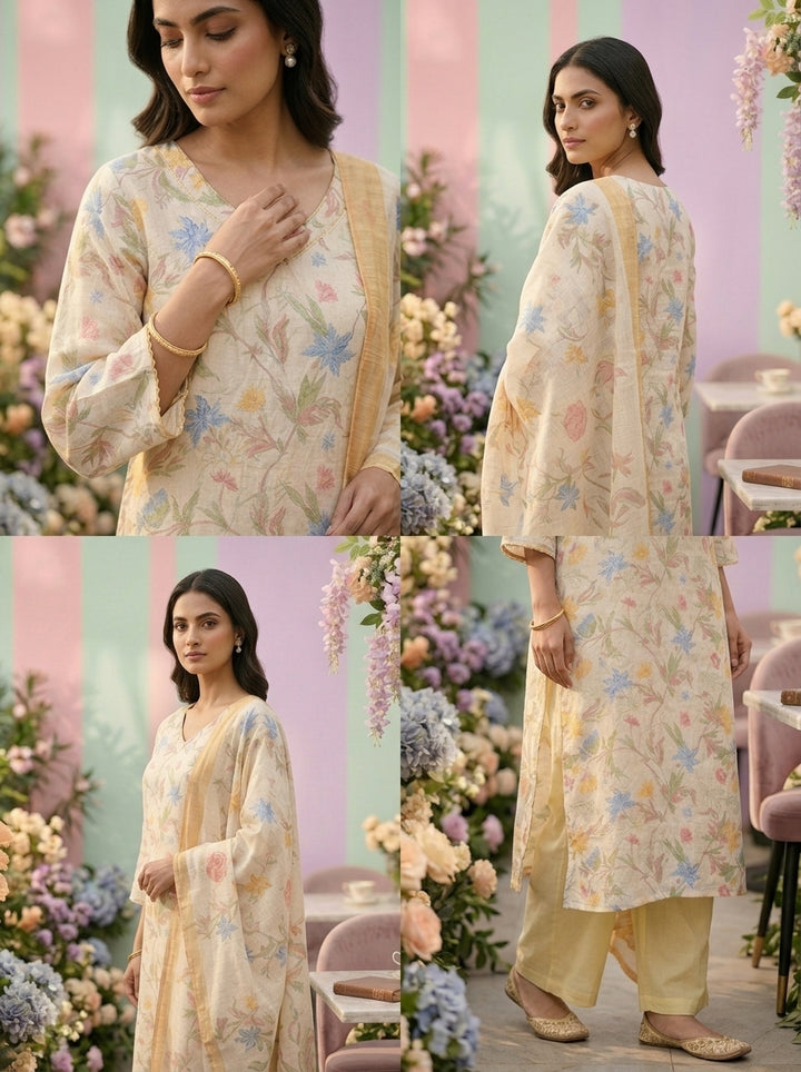 Neerus Yellow linen printed suit set - detail view 2