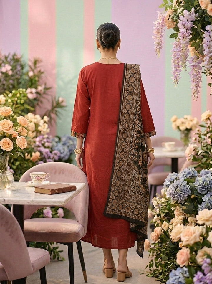 Neerus Maroon cotton printed suit set - back view