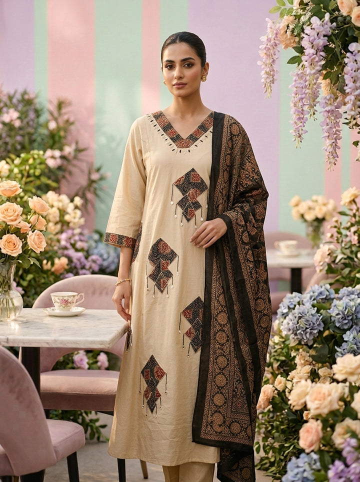 Neerus Beige cotton printed suit set - front view
