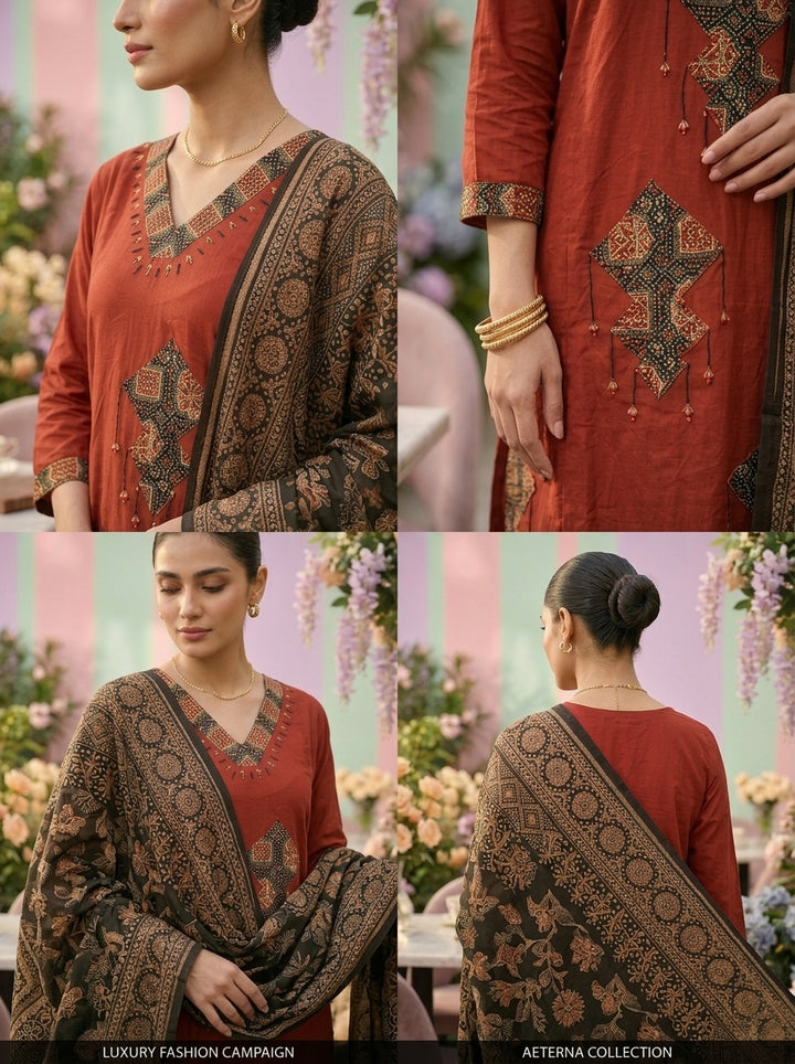 Neerus Maroon cotton printed suit set - detail view 2