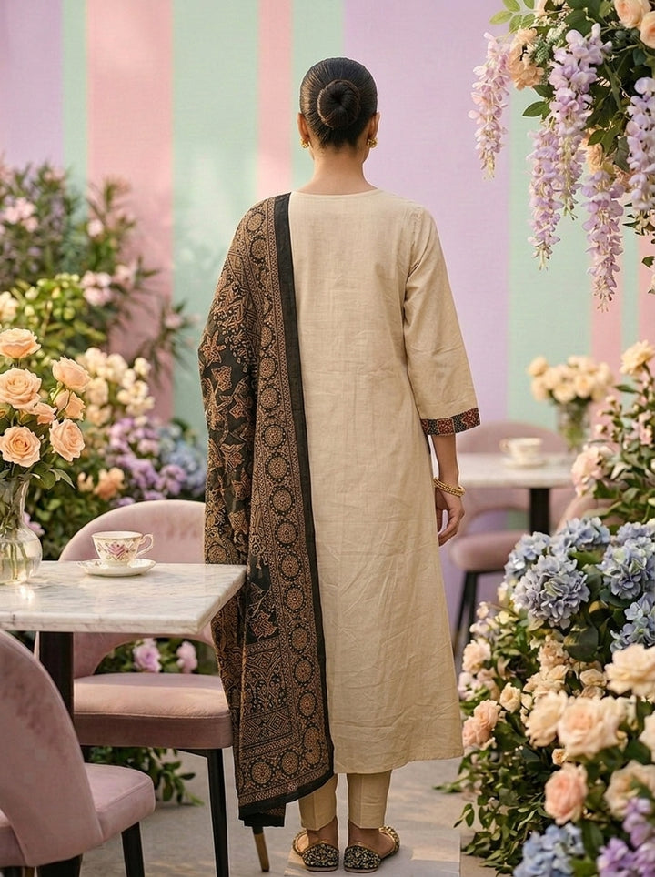 Neerus Beige cotton printed suit set - back view
