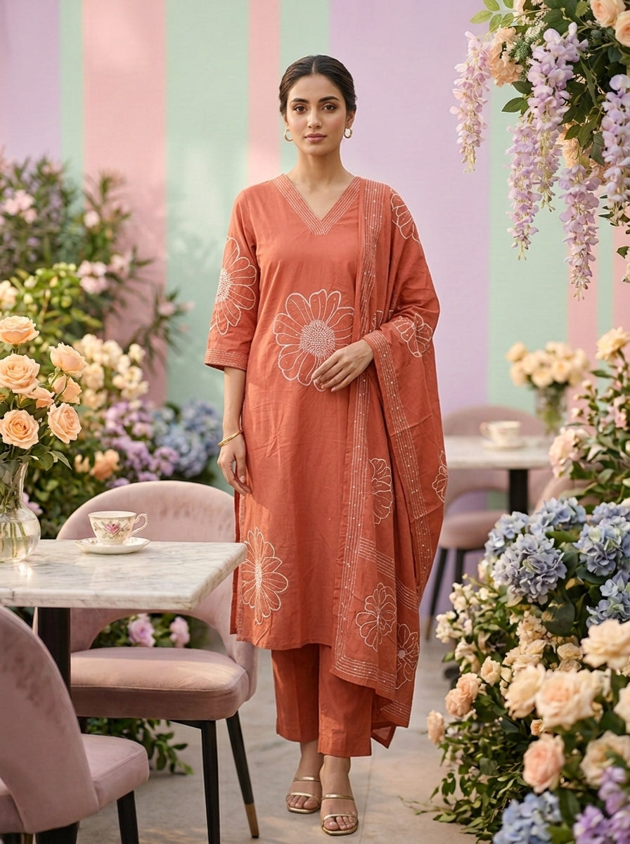 Neerus Pink cotton hand embroidered suit set - front view