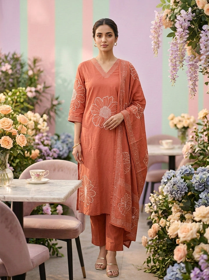 Neerus Pink cotton hand embroidered suit set - front view