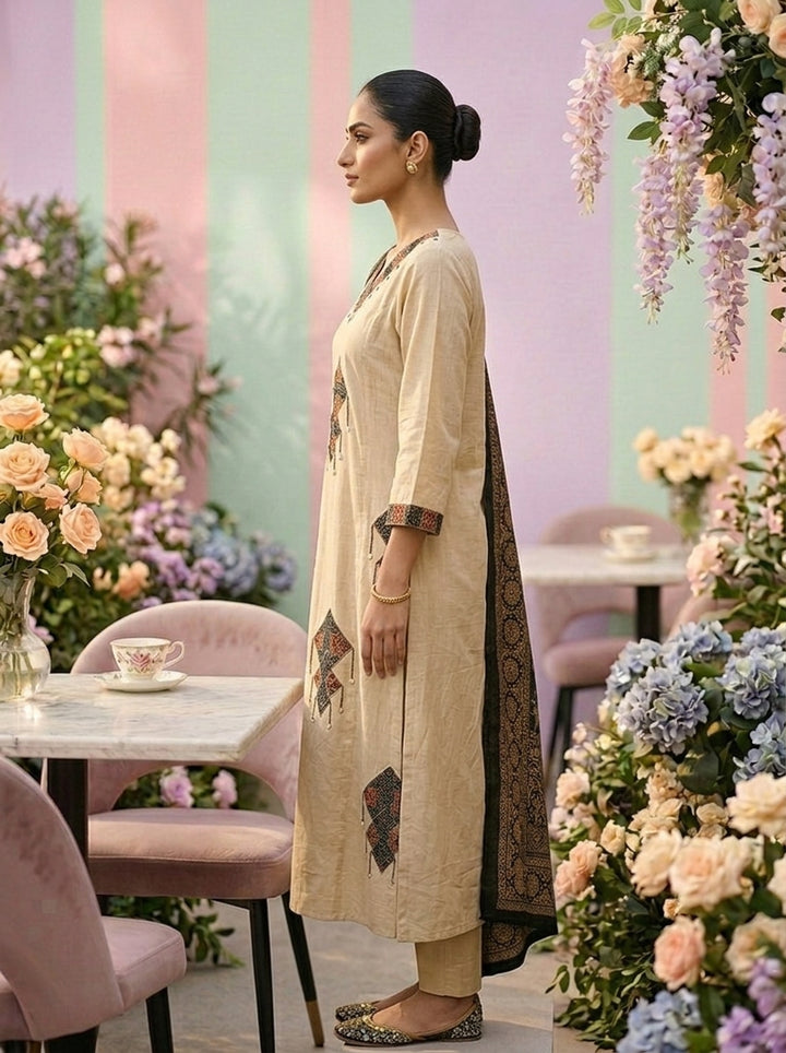 Neerus Beige cotton printed suit set - side view