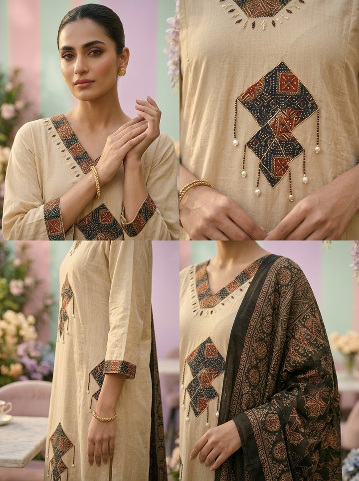 Neerus Beige cotton printed suit set - detail view 2
