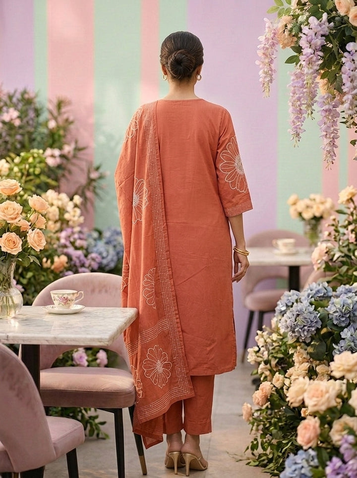 Neerus Pink cotton hand embroidered suit set - back view