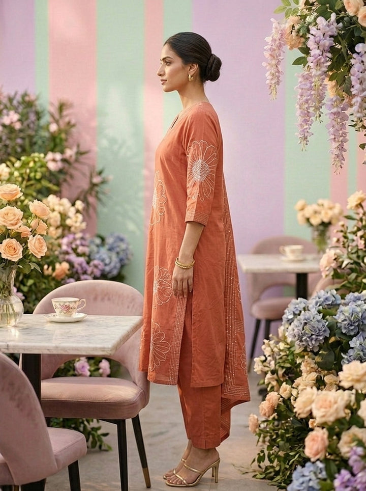Neerus Pink cotton hand embroidered suit set - side view
