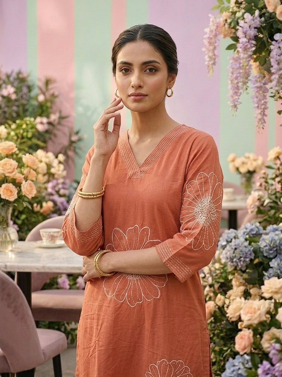 Neerus Pink cotton hand embroidered suit set - detail view 1