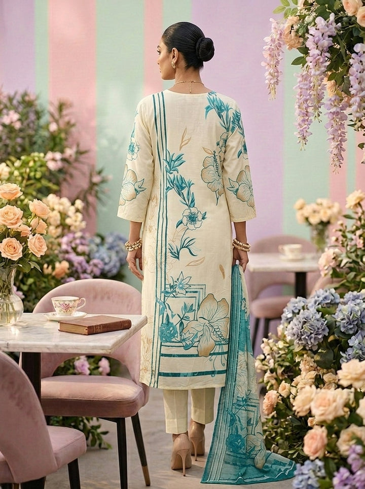 Neerus Green cotton printed suit set - back view