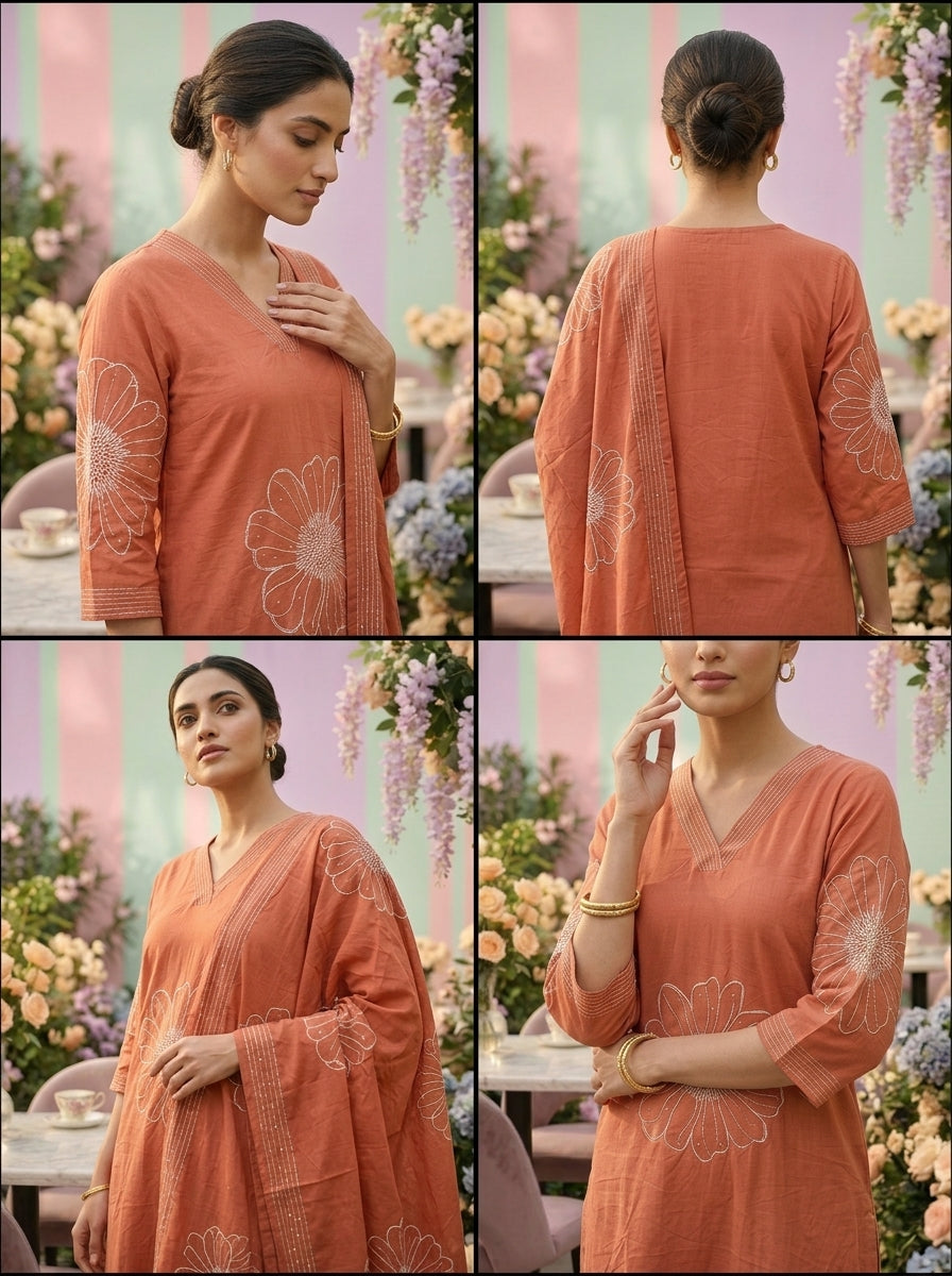 Neerus Pink cotton hand embroidered suit set - detail view 2