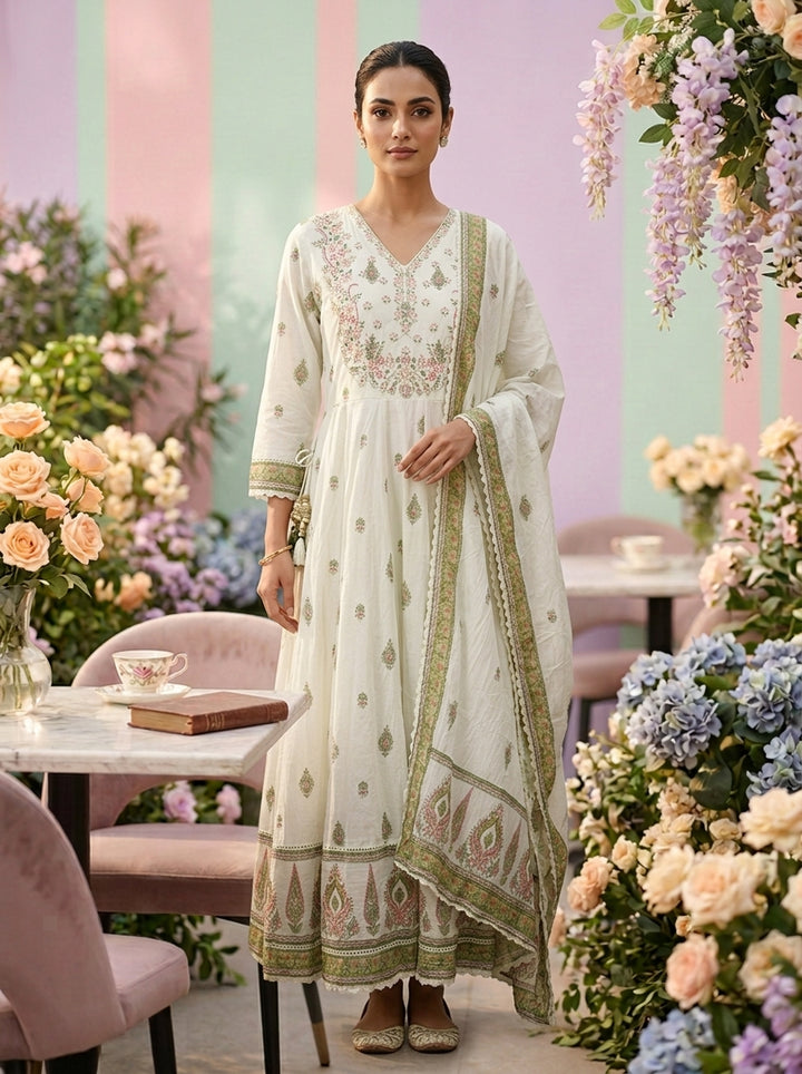 Neerus Green cotton printed suit set - front view