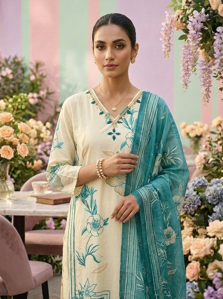 Neerus Green cotton printed suit set - detail view 1