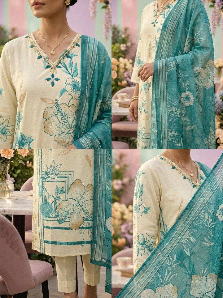 Neerus Green cotton printed suit set - detail view 2