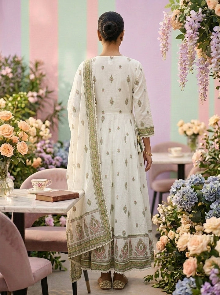 Neerus Green cotton printed suit set - back view