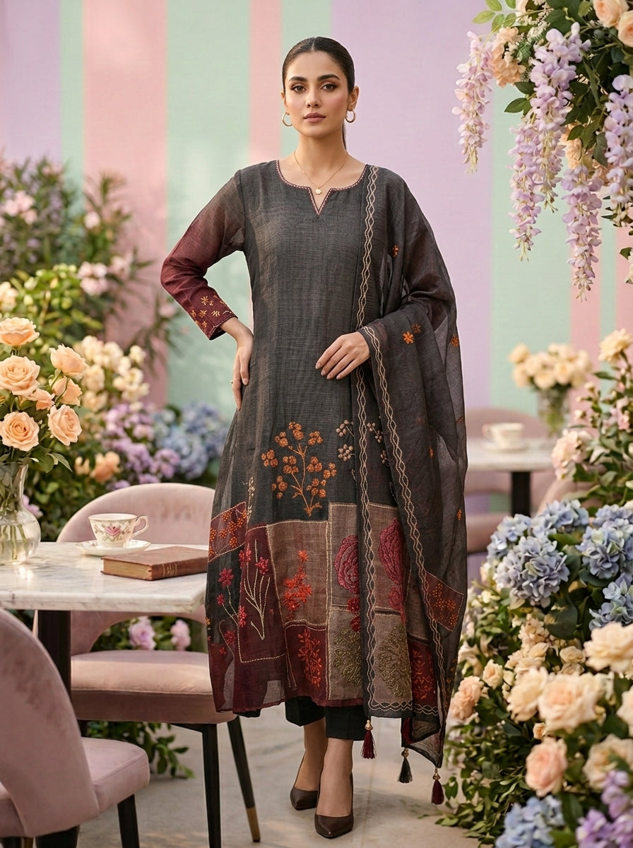 Neerus Grey linen printed suit set - front view