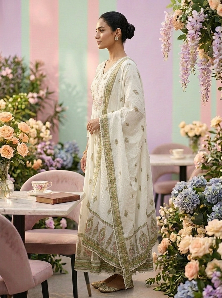 Neerus Green cotton printed suit set - side view