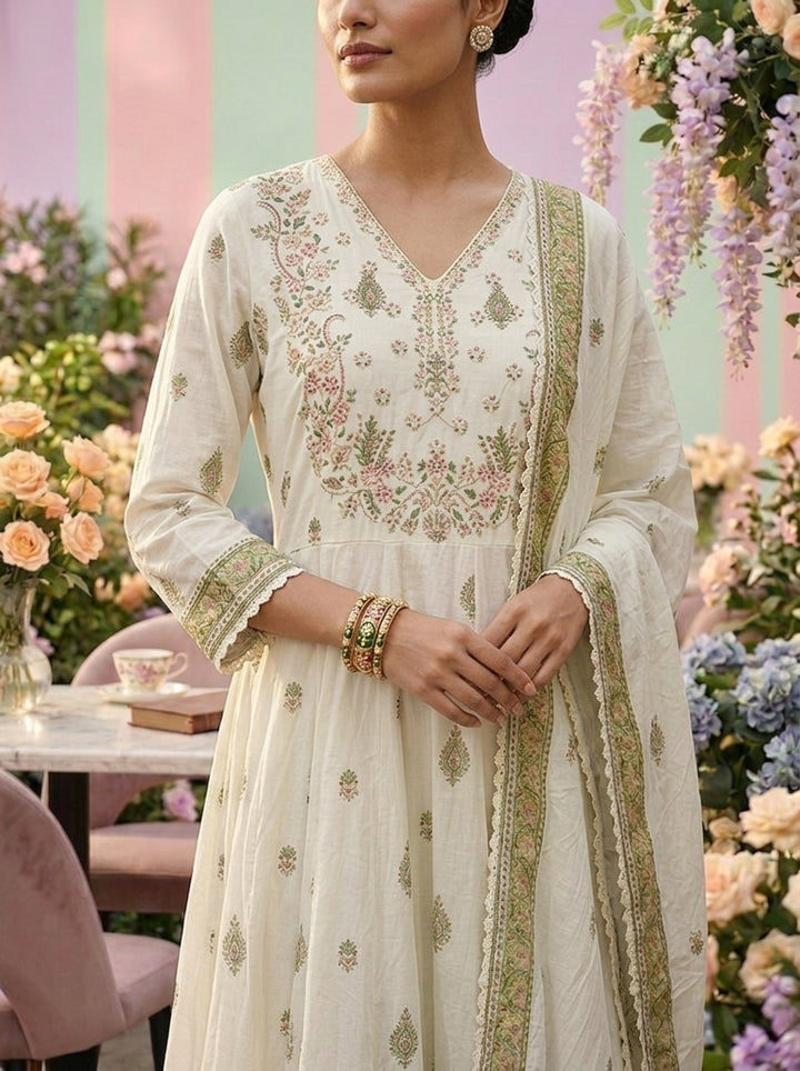 Neerus Green cotton printed suit set - detail view 1