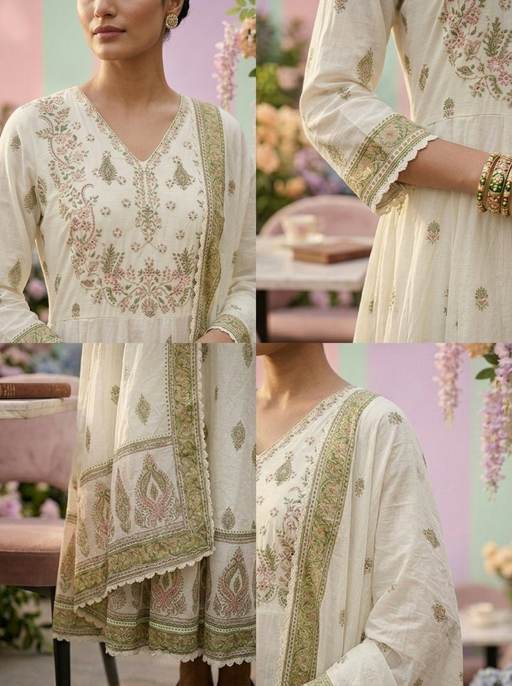 Neerus Green cotton printed suit set - detail view 2