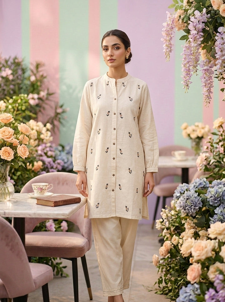 Neerus White cotton hand embroidered kurti - front view