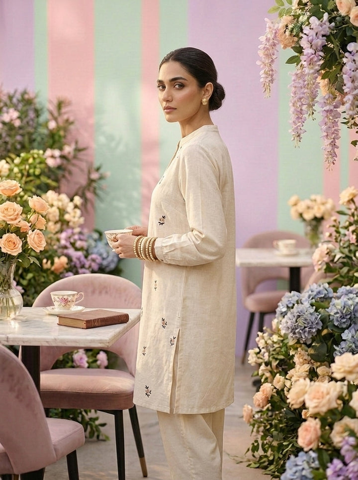 Neerus White cotton hand embroidered kurti - side view