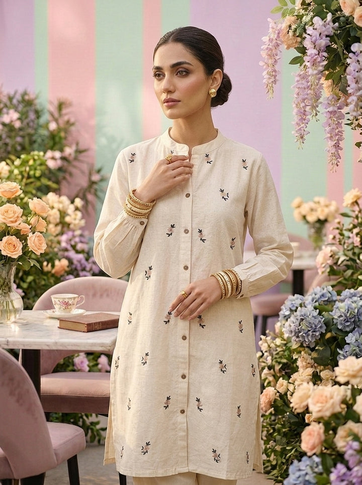 Neerus White cotton hand embroidered kurti - detail view 1