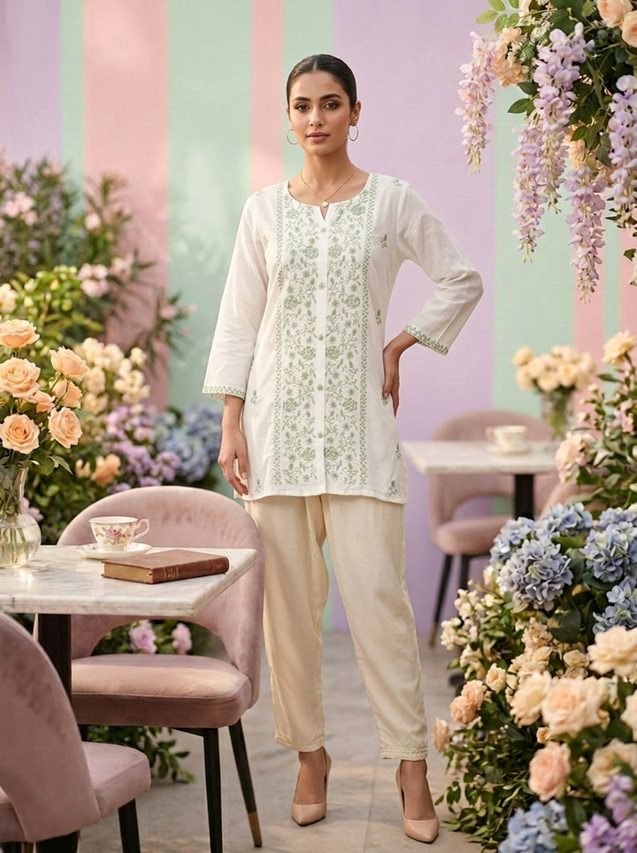 Pista Linen Hand Embroidery Kurti