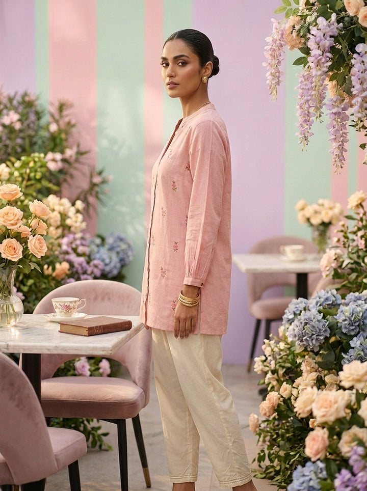 Peach Cotton Hand Embroidery Kurti