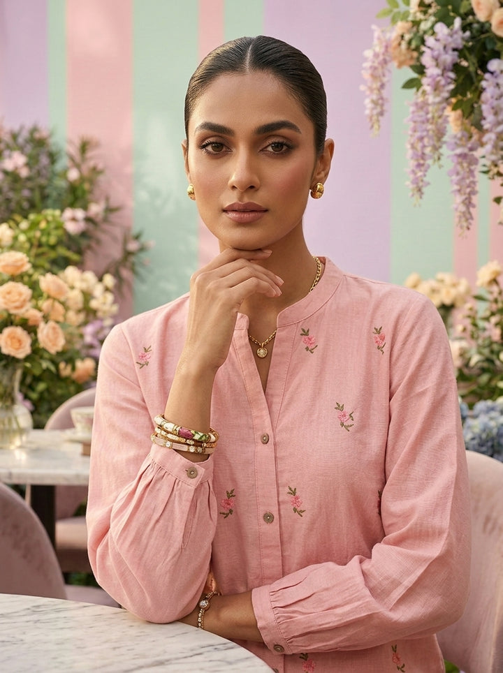 Peach Cotton Hand Embroidery Kurti