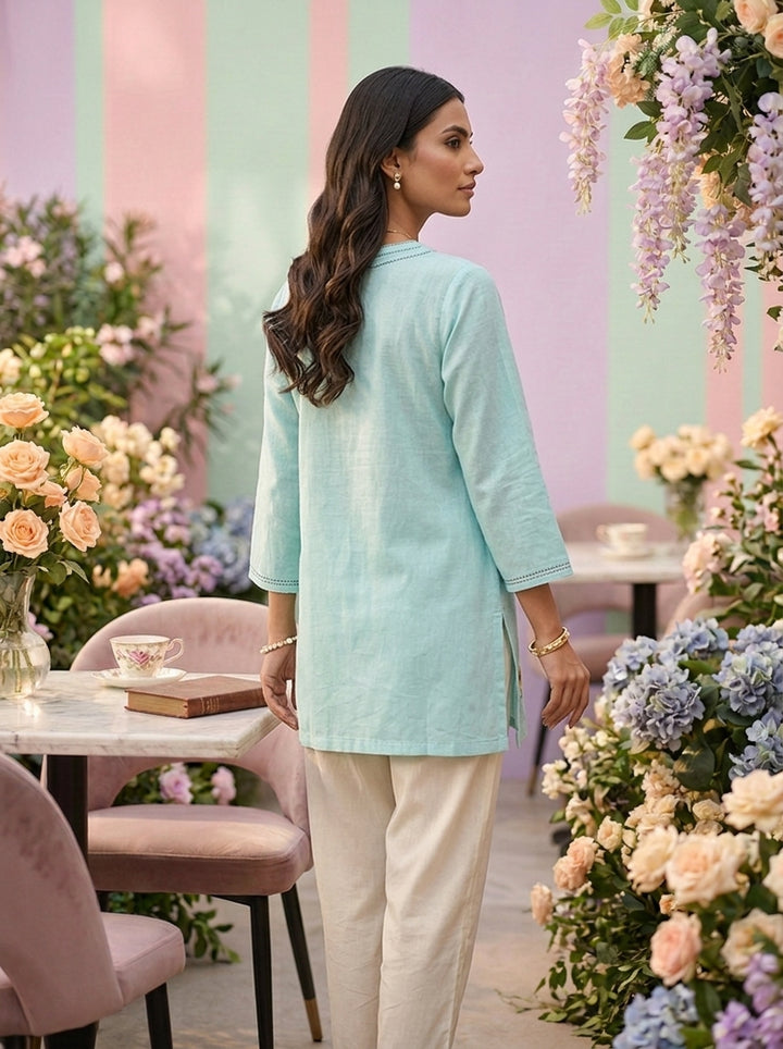 Neerus Blue cotton hand embroidered kurti - back view