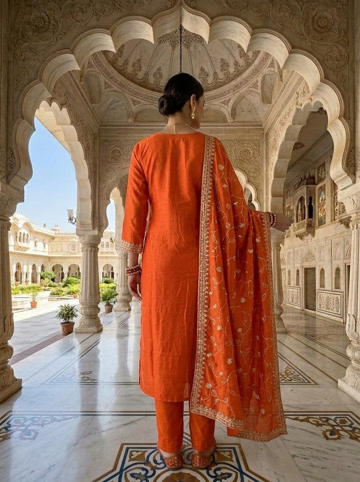Neerus Orange silk embroidered suit set - side view