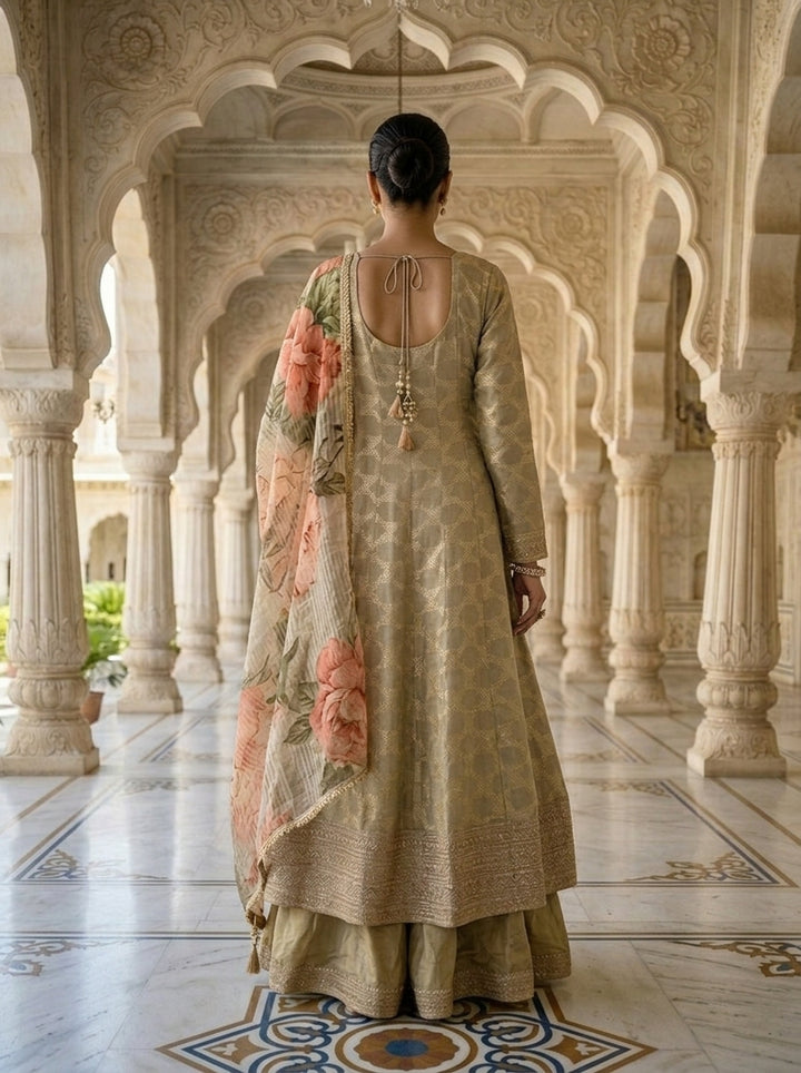 Neerus Grey tissue embroidered suit set with printed dupatta - back view