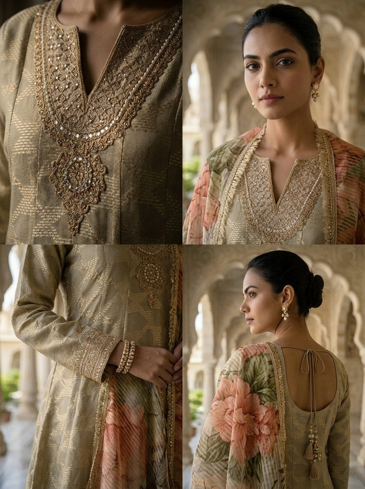 Neerus Grey tissue embroidered suit set with printed dupatta - side view