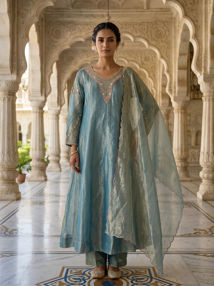 Neerus Blue tissue embellished suit set - front view