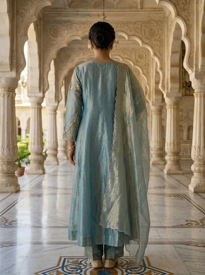 Neerus Blue tissue embellished suit set - back view