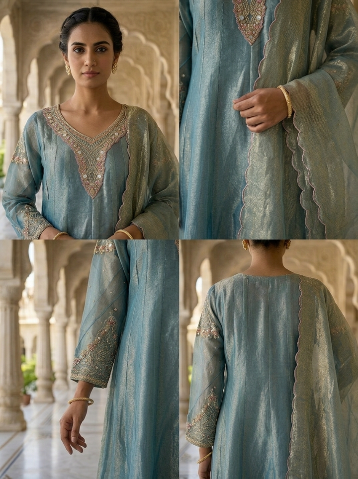 Neerus Blue tissue embellished suit set - side view