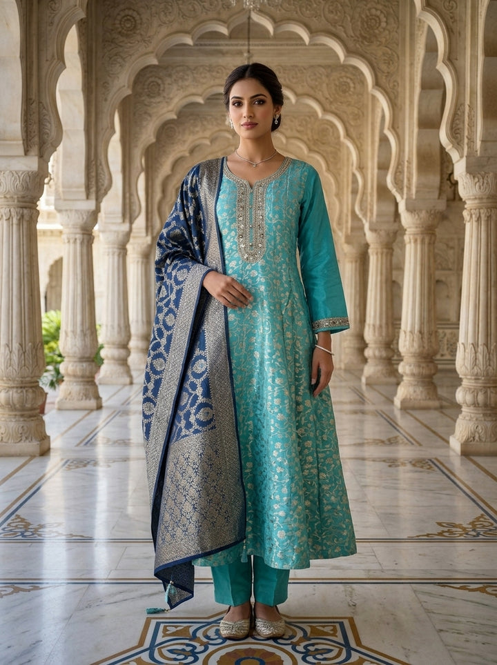 Neerus Blue Banarasi embellished suit set with contrast dupatta - front view