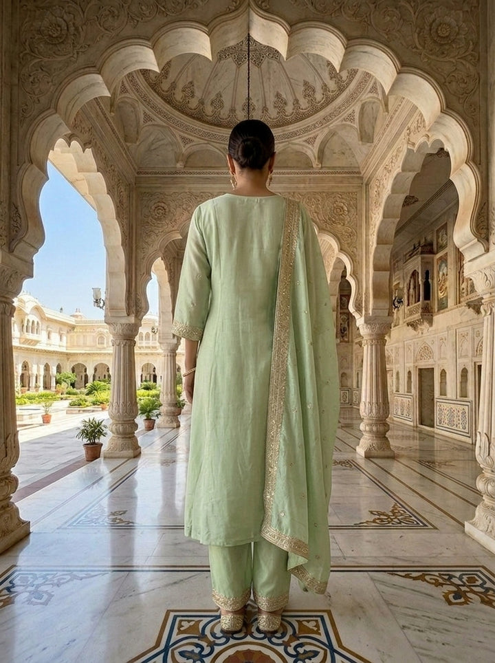 Neerus Green Chinon Embroidered Suit Set - back view