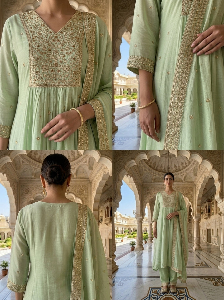 Neerus Green Chinon Embroidered Suit Set - side view