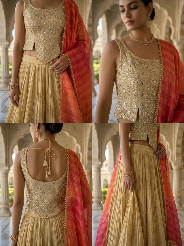 Beige Tissue Zari Embroidery Ghagra Set