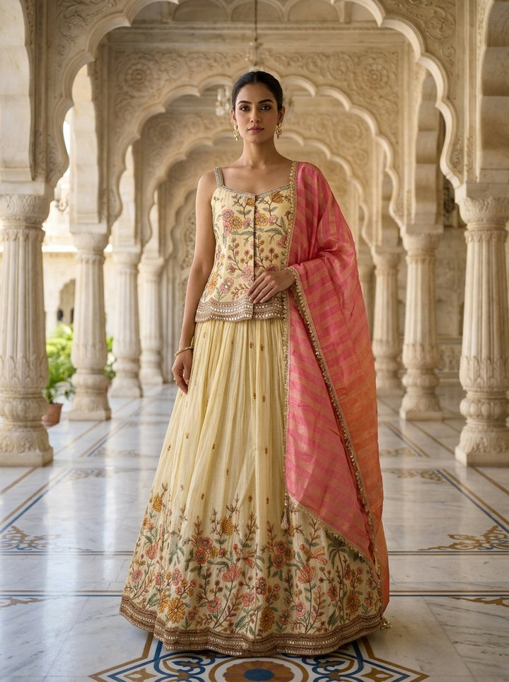 Neerus Beige tissue thread embroidered lehenga set - front view